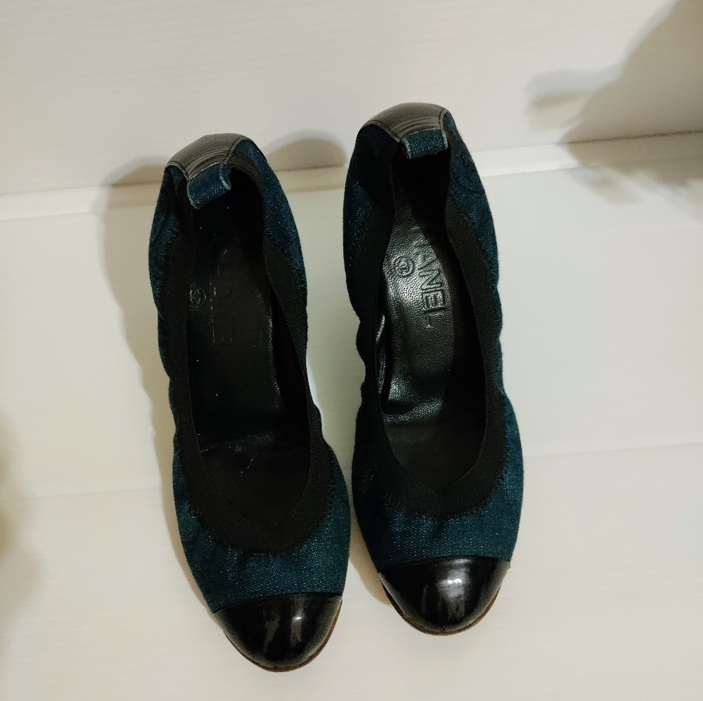 CHANEL Ballet w Heels- Blue Jeans Leather 37.5 - 7US